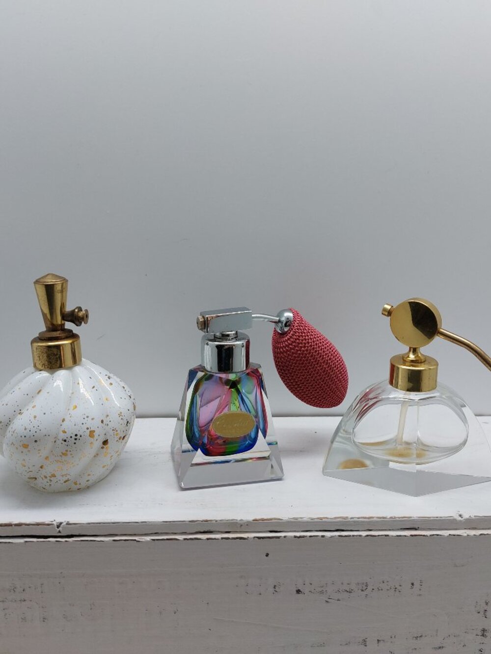 3 Atomizer Perfume Bottles Crystal Hand Cut, Golds Of Nebraska & Clear Glass